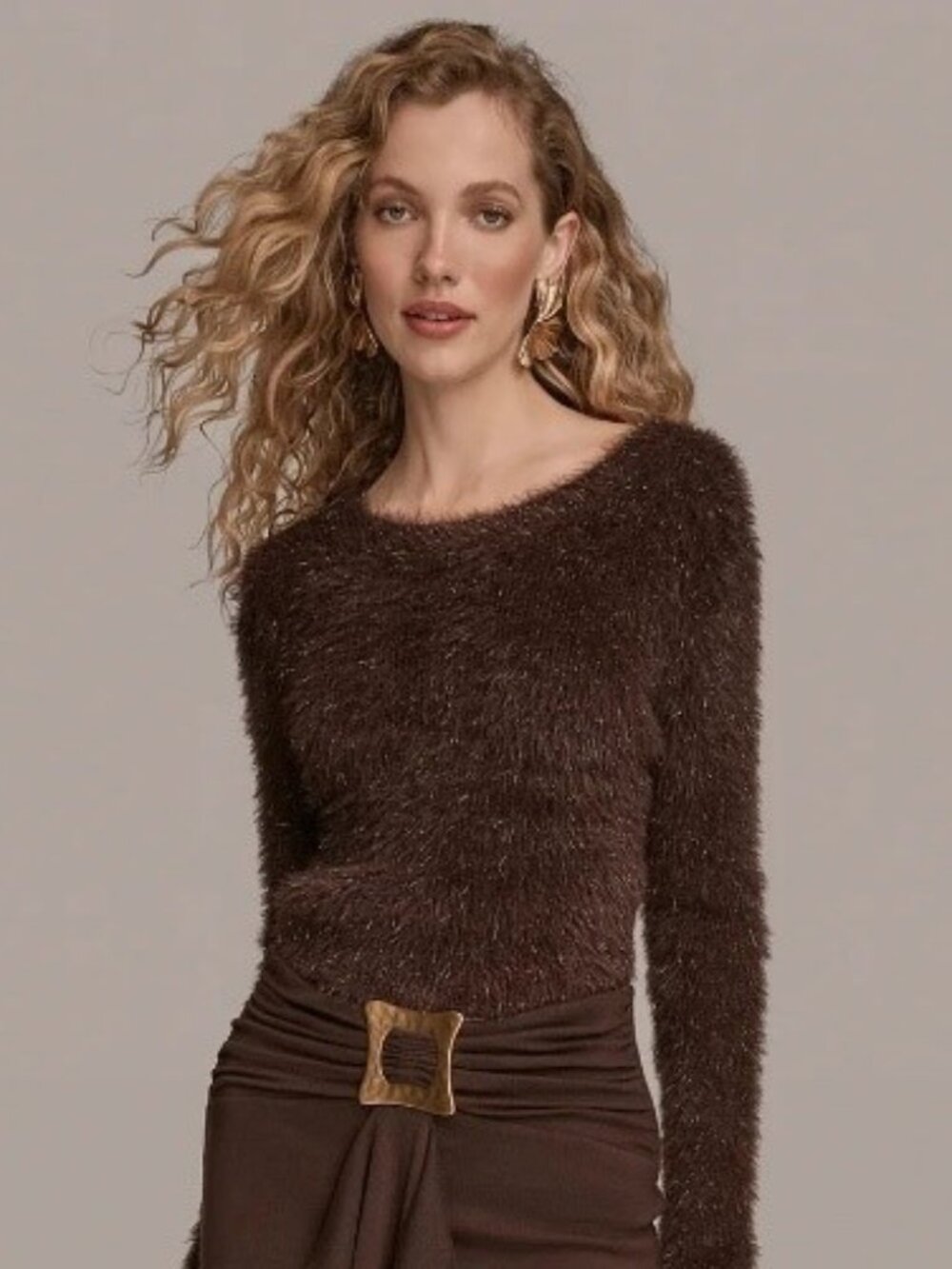 NWOT Donna Kara Metallic Eyelash Sweater in Chocolate Plum